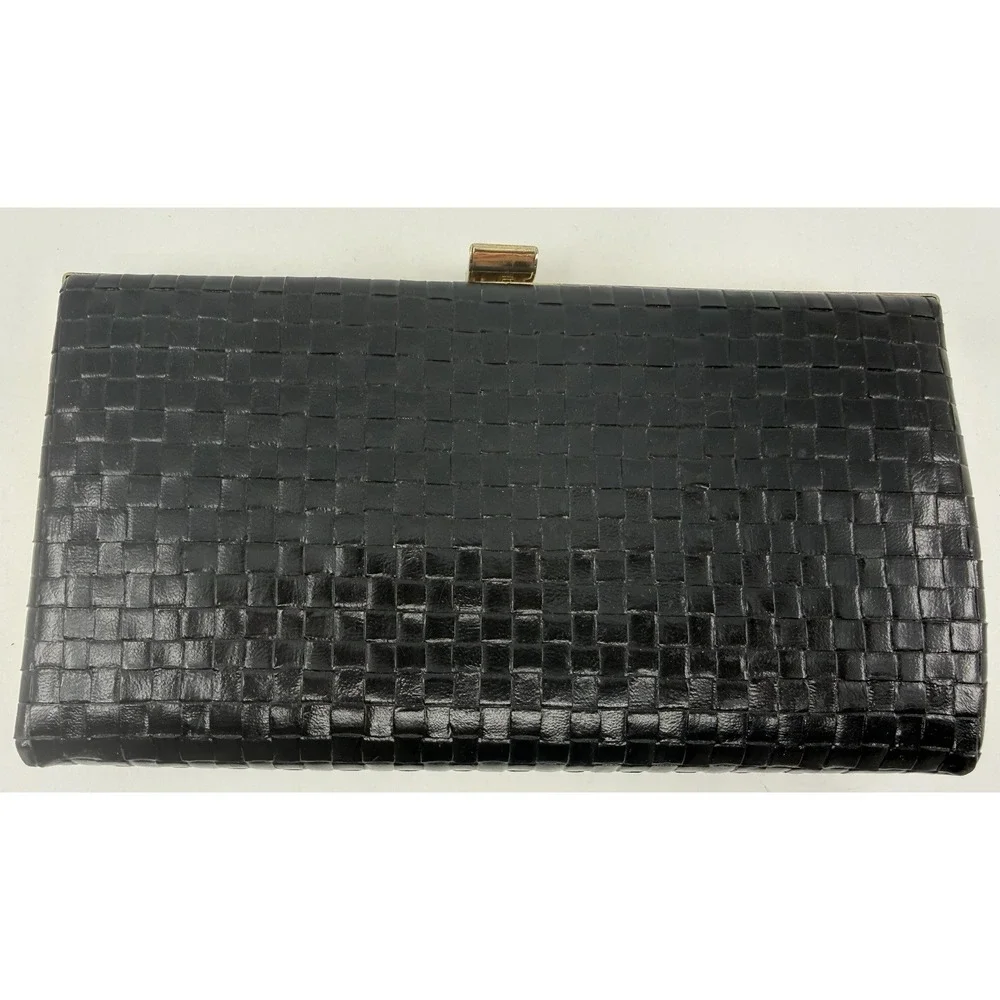 Vintage Shirl Miller Ltd Black Woven Leather Clutch Purse Gold Frame Made in USA
